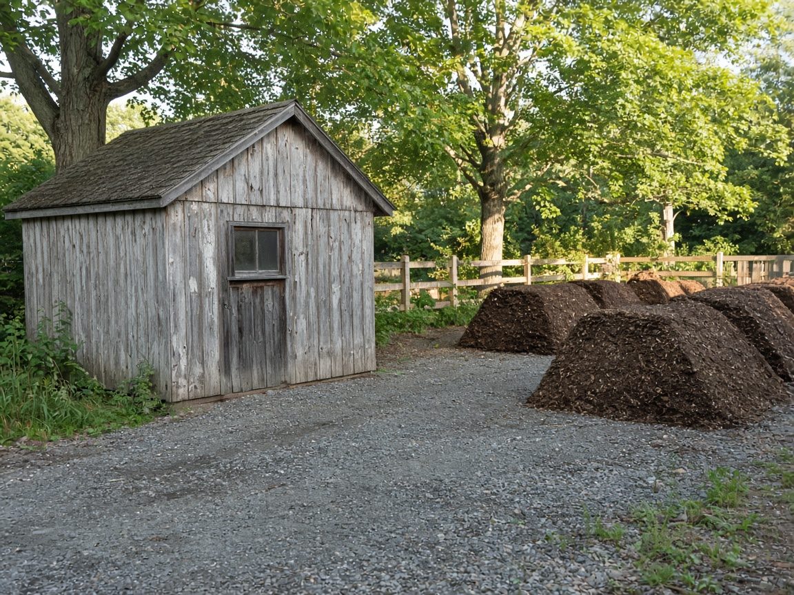 Small wooden shop shed beside piles of bark mulch
