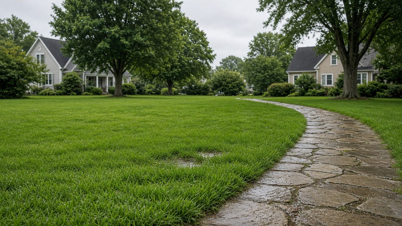Wet suburban lawn and a stone path after rain